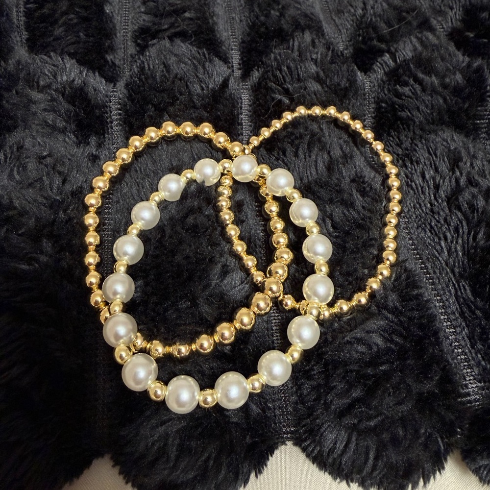 Gold Pearl Beaded Stretch Bracelet Set - Women Jewelry